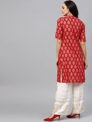 Red printed kurta with madarin collar and half sleeves