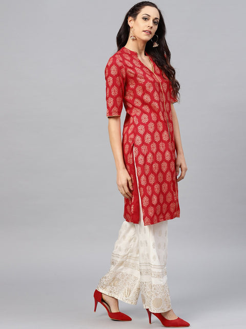 Red printed kurta with madarin collar and half sleeves