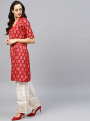 Red printed kurta with madarin collar and half sleeves