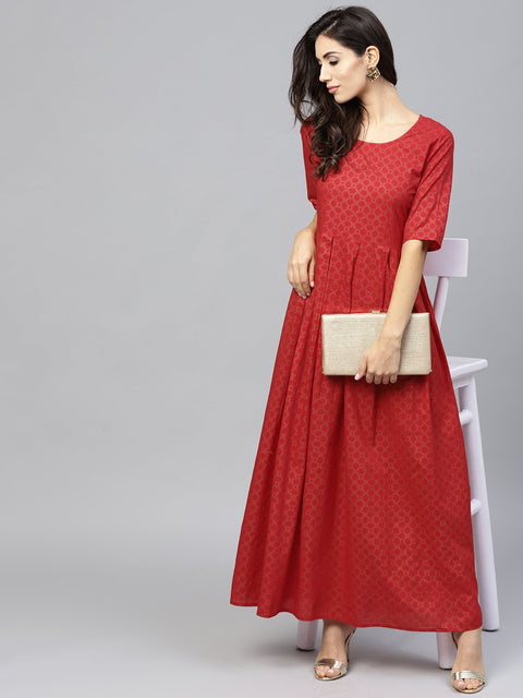 Maroon printed maxi dress with Round neck and Half Sleeves