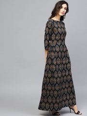 Multi Coloured Maxi dress with Round neck and 3/4 sleeves