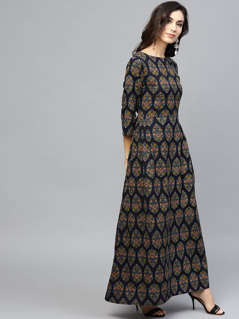 Multi Coloured Maxi dress with Round neck and 3/4 sleeves