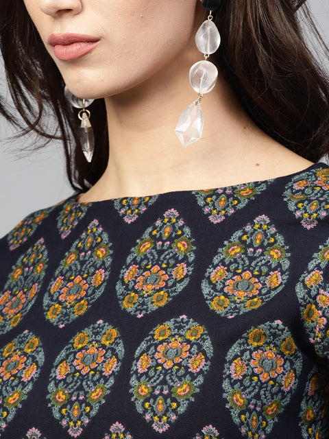 Multi Coloured Maxi dress with Round neck and 3/4 sleeves