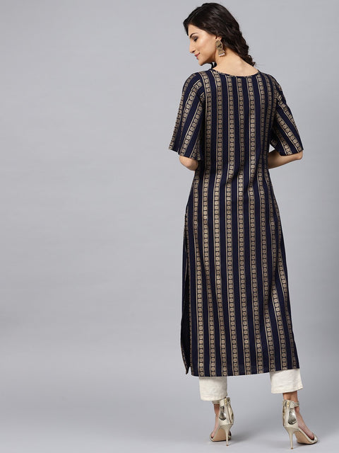 Geometric Printed navy blue Kurta with Round neck and half slevees