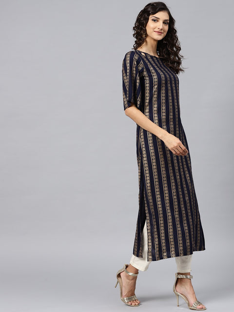 Geometric Printed navy blue Kurta with Round neck and half slevees