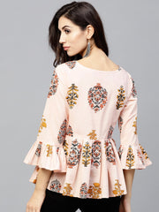 Peach printed top with round neck and 3/4 sleeves