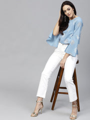 Blue printed crop top with Round neck and 3/4 sleeves