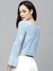 Blue printed crop top with Round neck and 3/4 sleeves