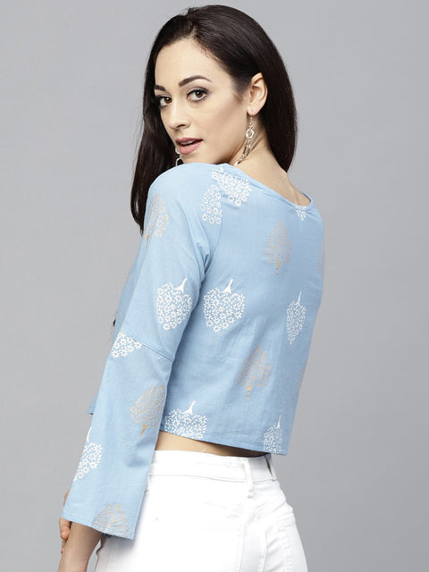 Blue printed crop top with Round neck and 3/4 sleeves