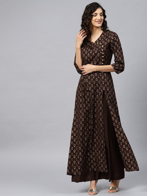 Dark Brown Printed Kurta with v-neck and 3/4 sleeves