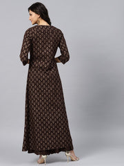 Dark Brown Printed Kurta with v-neck and 3/4 sleeves