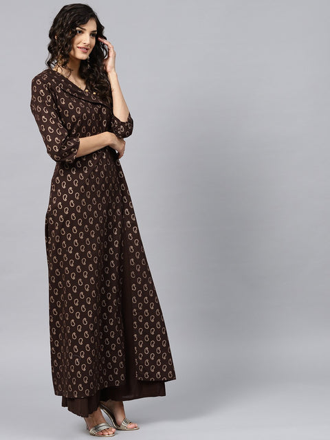 Dark Brown Printed Kurta with v-neck and 3/4 sleeves
