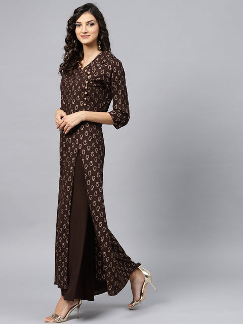 Dark Brown Printed Kurta with v-neck and 3/4 sleeves