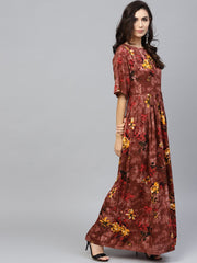 Brown Printed maxi dress with Round neck and flared sleeves