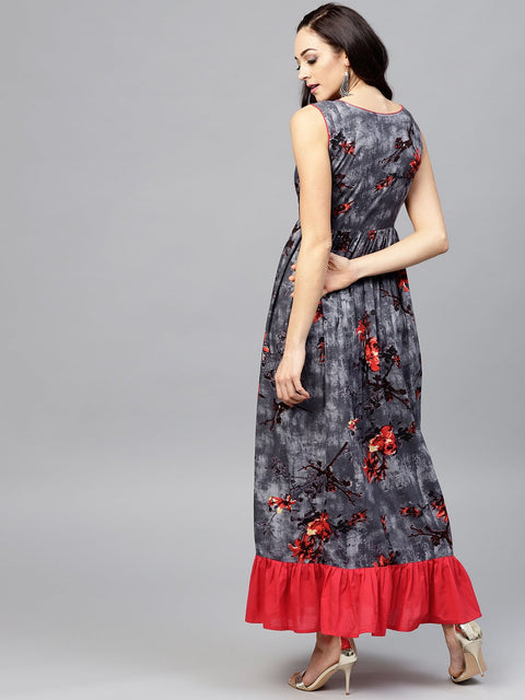 Grey blue Sleeveless printed dress with Round neck