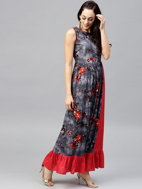 Grey blue Sleeveless printed dress with Round neck