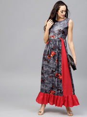 Grey blue Sleeveless printed dress with Round neck