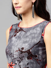Grey blue Sleeveless printed dress with Round neck