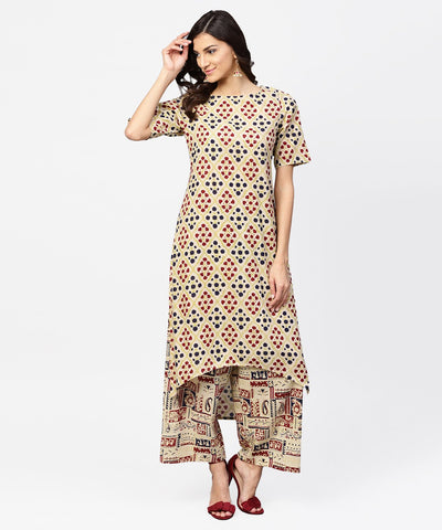 Cream Printed half sleeve kurta with ankle length Palazzo