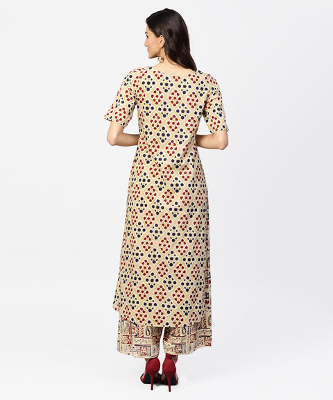 Cream Printed half sleeve kurta with ankle length Palazzo