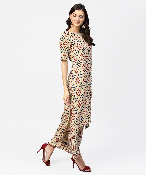 Cream Printed half sleeve kurta with ankle length Palazzo