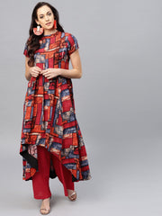 Multi colored short sleeve rayon Kurta set with Red Palazzo