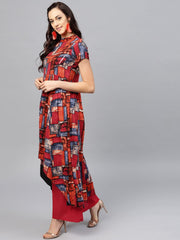 Multi colored short sleeve rayon Kurta set with Red Palazzo