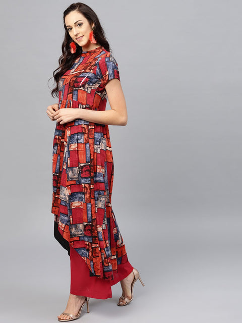 Multi colored short sleeve rayon Kurta set with Red Palazzo
