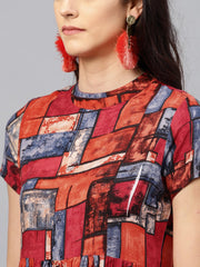 Multi colored short sleeve rayon Kurta set with Red Palazzo