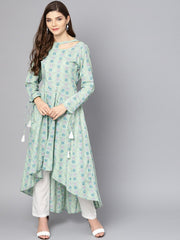 Pastel Green High-low kurta set with White Palazzo