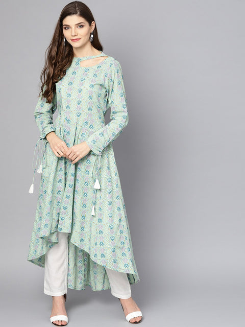 Pastel Green High-low kurta set with White Palazzo