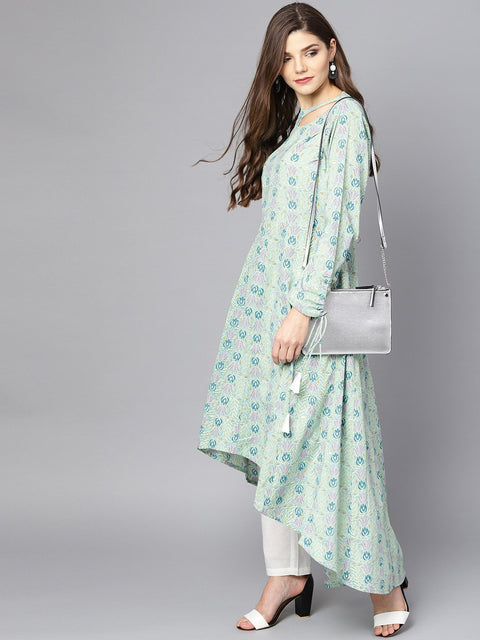 Pastel Green High-low kurta set with White Palazzo