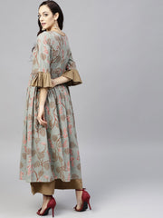 Multi colored 3/4th sleeve cotton anarkali kurta with solid ankle length palazzo