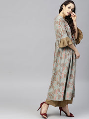 Multi colored 3/4th sleeve cotton anarkali kurta with solid ankle length palazzo