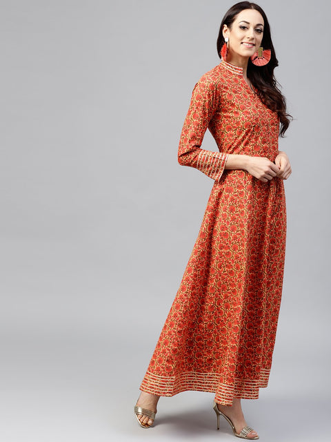 Red Floral Printed Maxi dress with Madarin collar slit and full sleeves