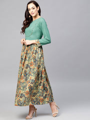 Multi Printed Maxi Dress with Round neck and full sleeves