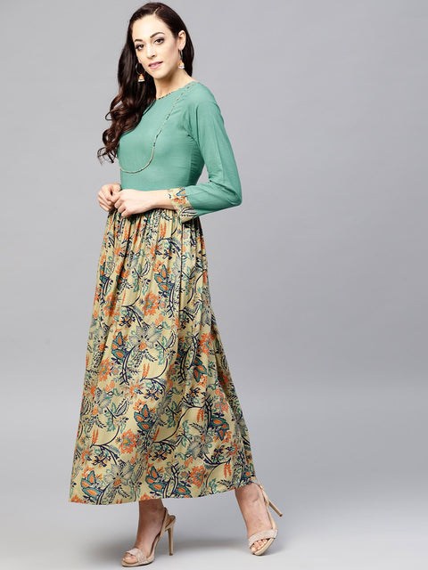 Multi Printed Maxi Dress with Round neck and full sleeves