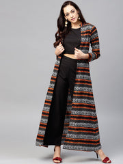 Solid Black Blouse Set with Black Palazzo and Printed Long Jacket