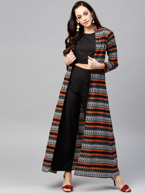 Solid Black Blouse Set with Black Palazzo and Printed Long Jacket