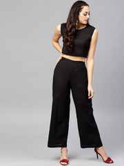 Solid Black Blouse Set with Black Palazzo and Printed Long Jacket