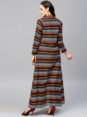 Solid Black Blouse Set with Black Palazzo and Printed Long Jacket