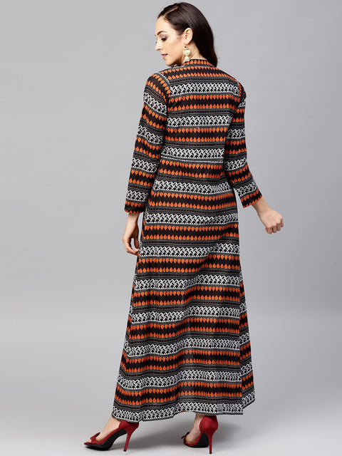 Solid Black Blouse Set with Black Palazzo and Printed Long Jacket