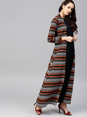 Solid Black Blouse Set with Black Palazzo and Printed Long Jacket