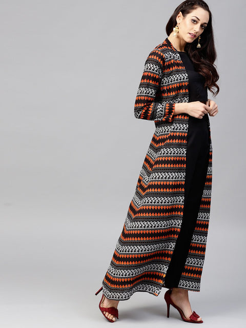 Solid Black Blouse Set with Black Palazzo and Printed Long Jacket