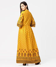 Yellow printed 3/4th flared sleeve cotton maxi dress