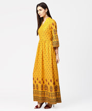 Yellow printed 3/4th flared sleeve cotton maxi dress