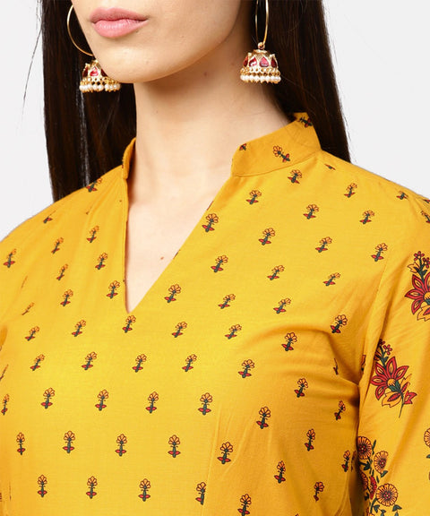 Yellow printed 3/4th flared sleeve cotton maxi dress