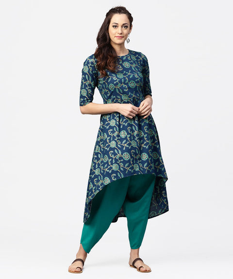 Blue printed 3/4th sleeve cotton low high kurta with blue printed dhoti