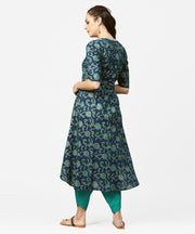 Blue printed 3/4th sleeve cotton low high kurta with blue printed dhoti