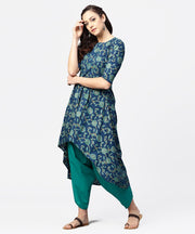Blue printed 3/4th sleeve cotton low high kurta with blue printed dhoti